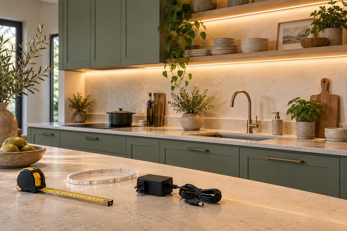 Warm LED lighting beneath sage kitchen cabinets and oak shelves, with an unpowered strip sample, adapter and measuring tape on the worktop