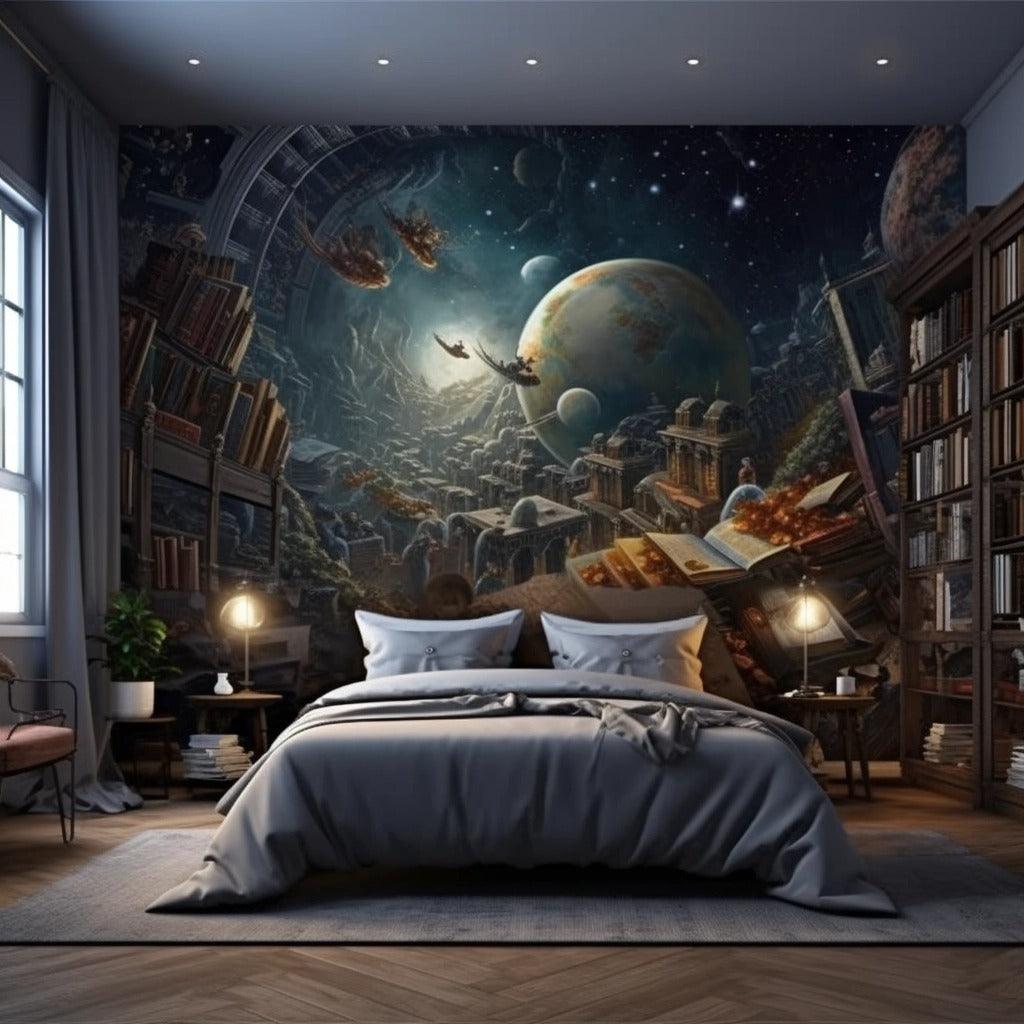 Custom wallpaper wall sticker depicting a cosmic scene with planets and books.