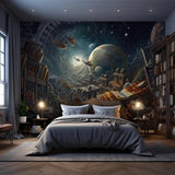 Custom wallpaper wall sticker depicting a cosmic scene with planets and books.