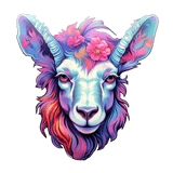Psychedelic goat head sticker featuring vibrant colors and flowers for bold home decor.