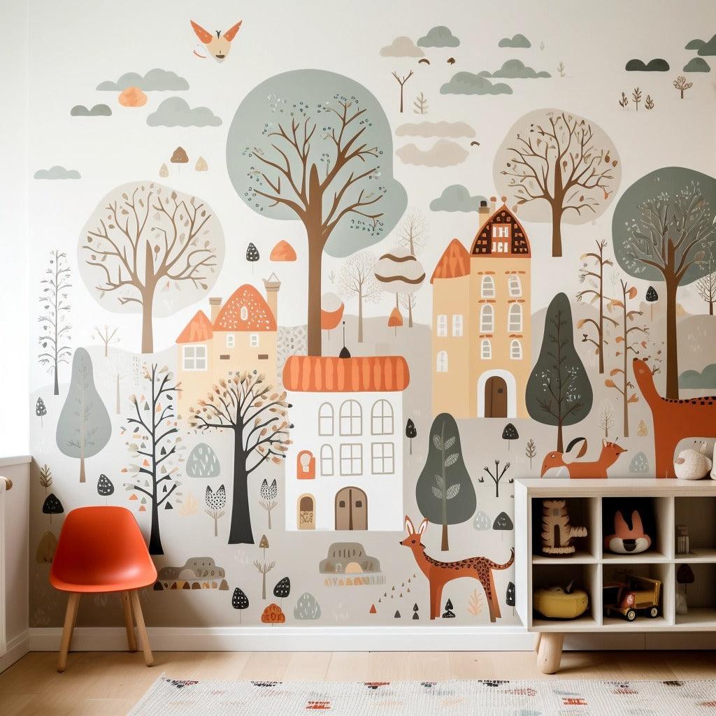 Custom wallpaper wall sticker with charming forest and houses design.