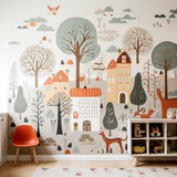 Custom wallpaper wall sticker with charming forest and houses design.