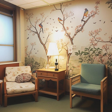 Cozy seating area with floral wallpaper and birds, featuring two chairs and a lamp.