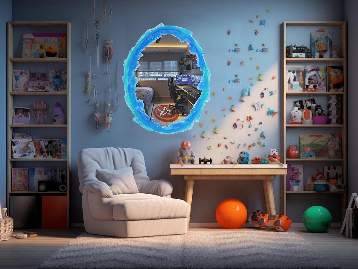 Vibrant blue and orange portal aura wall sticker in a spacious game room with cozy furniture and colorful decor.
