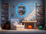Vibrant blue and orange portal aura wall sticker in a spacious game room with cozy furniture and colorful decor.
