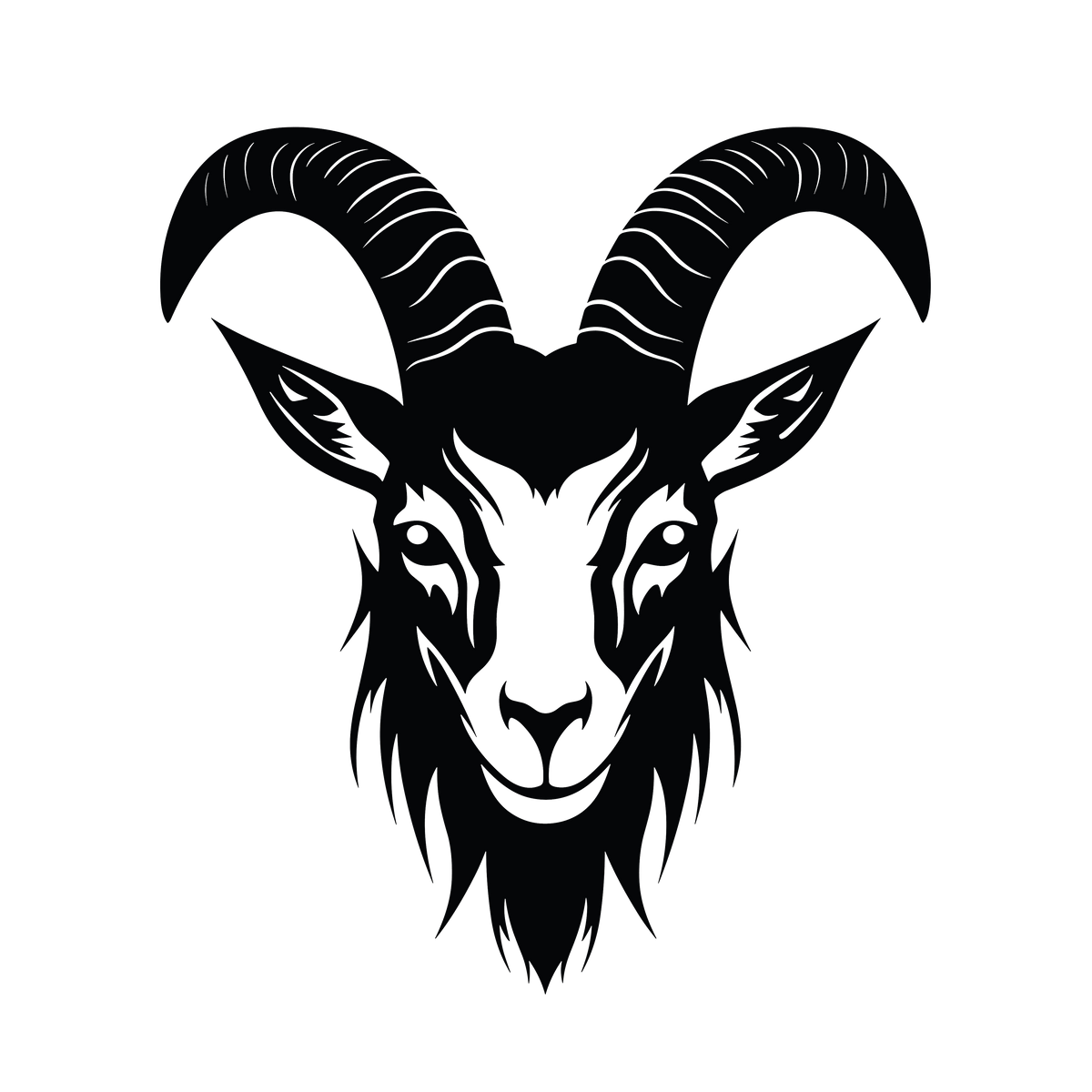 Bold black goat head silhouette sticker with spiraling horns.