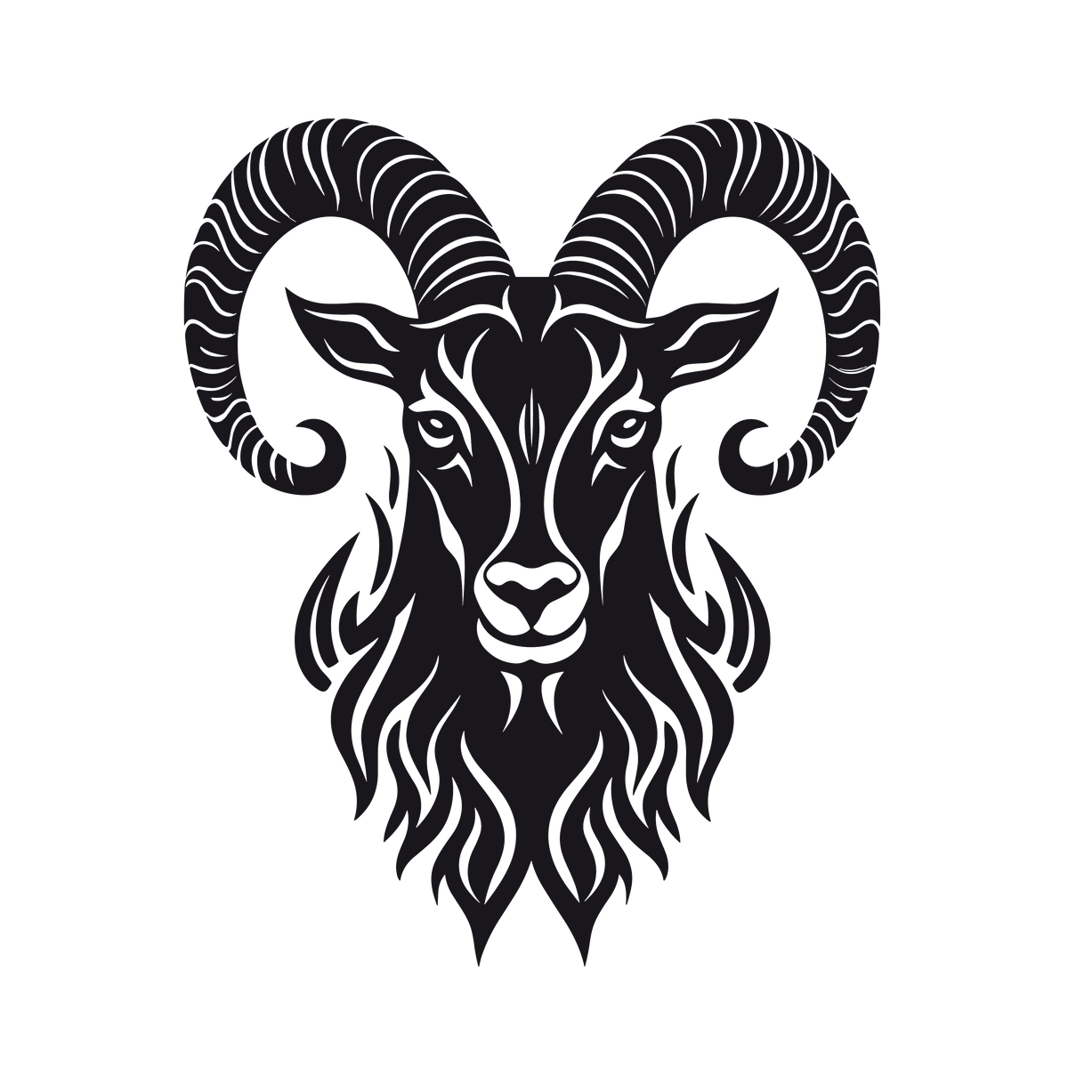Stylized ram's head wall sticker in black and white with intricate horns and flowing mane.