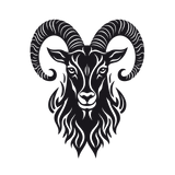 Stylized ram's head wall sticker in black and white with intricate horns and flowing mane.