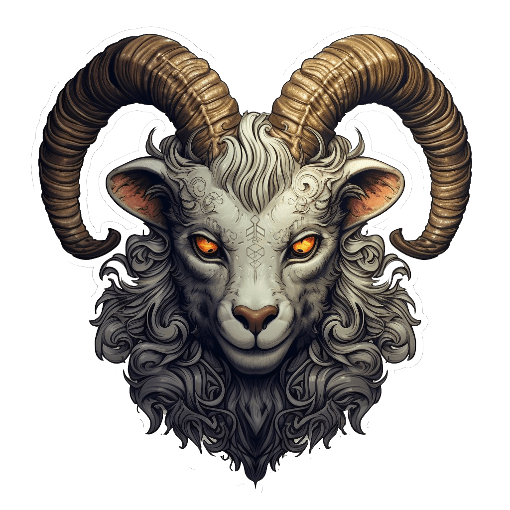 Gothic surrealism wall sticker featuring an old goat head with intricate details and captivating features.
