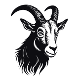 Intricate black silhouette of a zodiac goat head with prominent horns and detailed facial features.