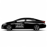 Black car with Let's Go Brandon vinyl decal showcasing political support for Donald Trump.