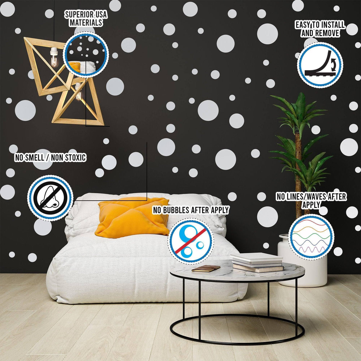 Cozy living room with white round dot stickers on black wall, showcasing creative decorating options.