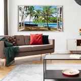 Tropical paradise window sticker featuring palm trees and ocean view, enhancing room decor with vibrant colors.