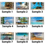 Collage of Tropical Paradise Window Stickers featuring beach views and palm trees for decorative home accents.