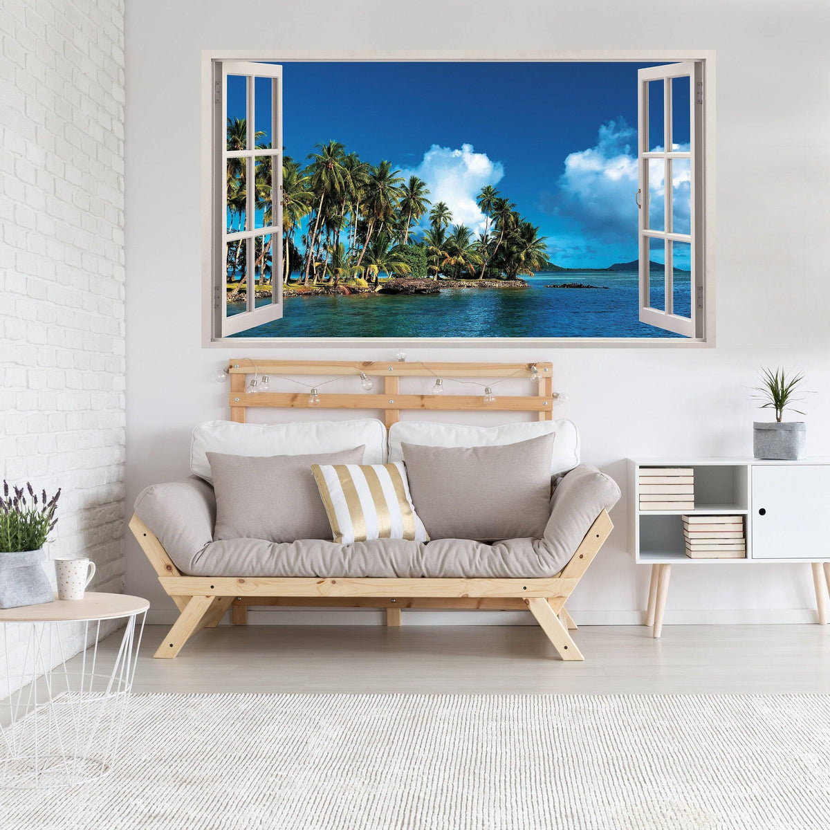 3D window beach view wall sticker in modern living room, creating a tranquil paradise atmosphere.