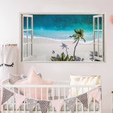 Beach view 3D wall decal with palm trees, creating a tropical paradise in a nursery setting.