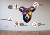 Product features graphic for the colorful goat with sunglasses wall decal.