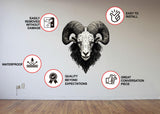 Product features graphic for the large angular ram wall sticker.