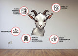 Product features graphic for the playful baby goat wall sticker.