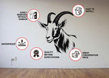 Graceful Goat Wall Decal featuring installation tips and product benefits on a wall.