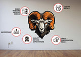 Artistic ram head wall sticker with glossy horns, installation highlights, and key features displayed.