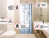 Shower door decal featuring tranquil bamboo forest design with installation features and benefits highlighted.
