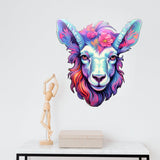 Psychedelic goat head sticker with vibrant colors and floral accents.