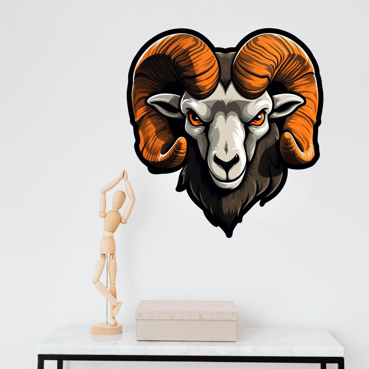 Artistic ram head wall sticker featuring glossy brown horns and a piercing gaze.