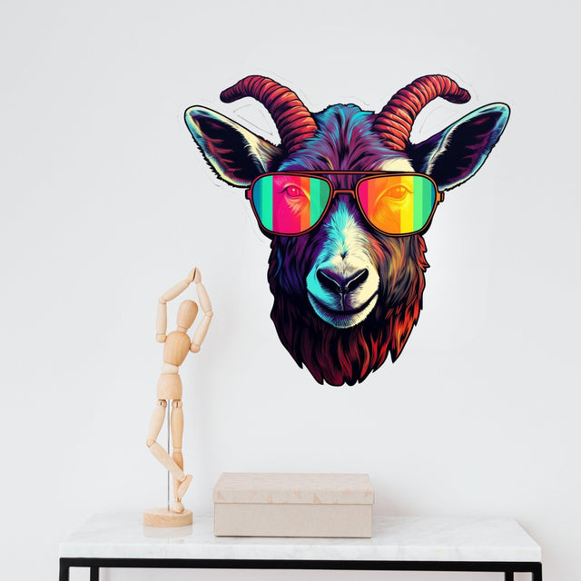 Colorful avant-garde goat wall decal with sunglasses.
