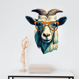 3D goat head wall decal with glasses, featuring vibrant light indigo and amber colors.