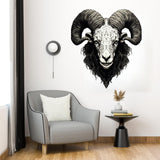 Large ram wall sticker in bold, angular design, featuring intricate black and white illustration on a modern living room.