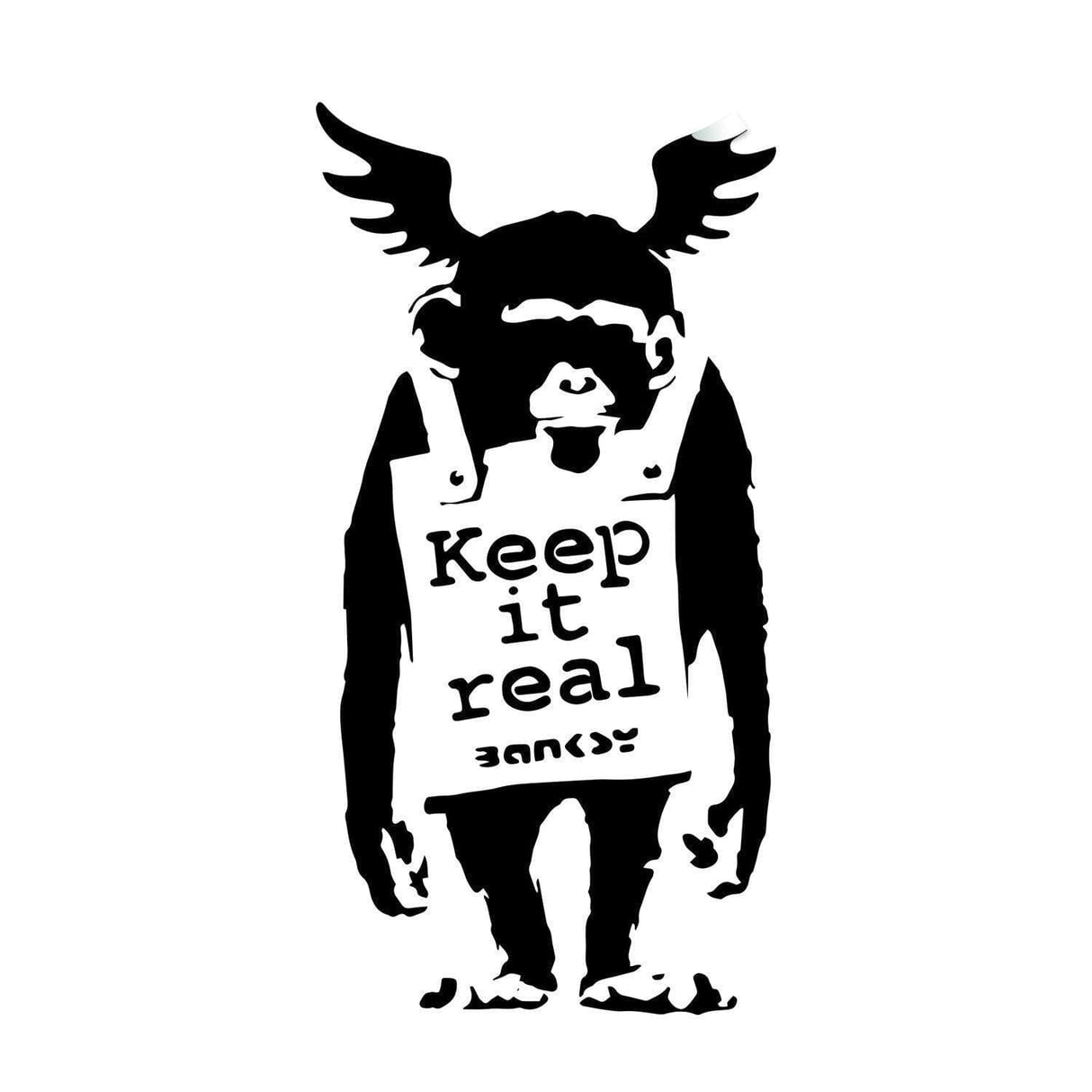 Winged monkey graffiti wall decal holding a Keep It Real sign.