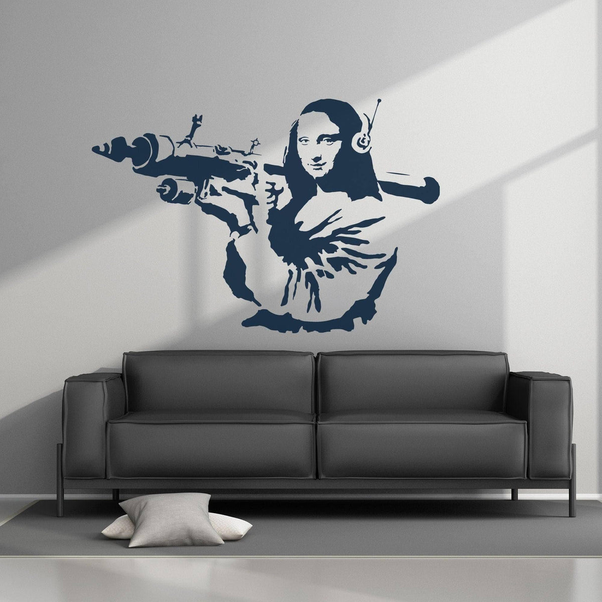 Artistic Mona Lisa wall sticker design with headphones, mounted on a modern wall above a stylish sofa.