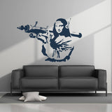Artistic Mona Lisa wall sticker design with headphones, mounted on a modern wall above a stylish sofa.