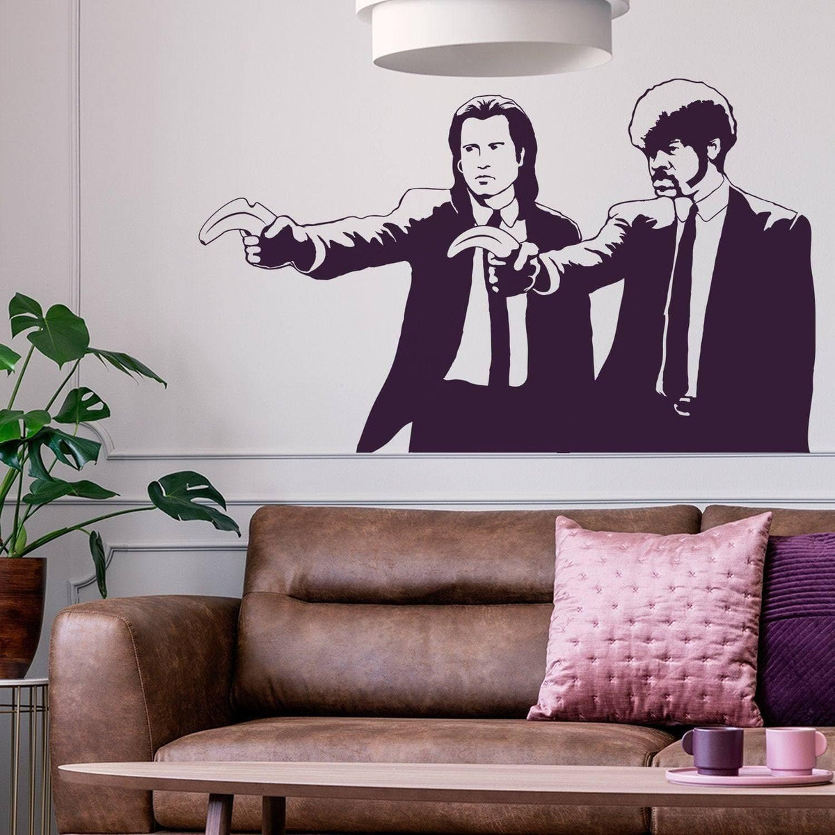Retro movie duo wall art sticker displayed in a stylish living room.