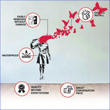 Product features graphic for the Butterfly Girl street-art wall decal.