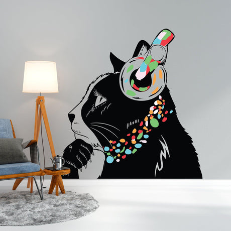 Whimsical cat wall decal with headphones and colorful necklace.