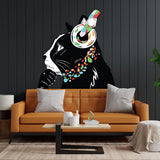 Stylish cat wall decal with headphones, vibrant colors, located above a cozy orange sofa in a modern living room.