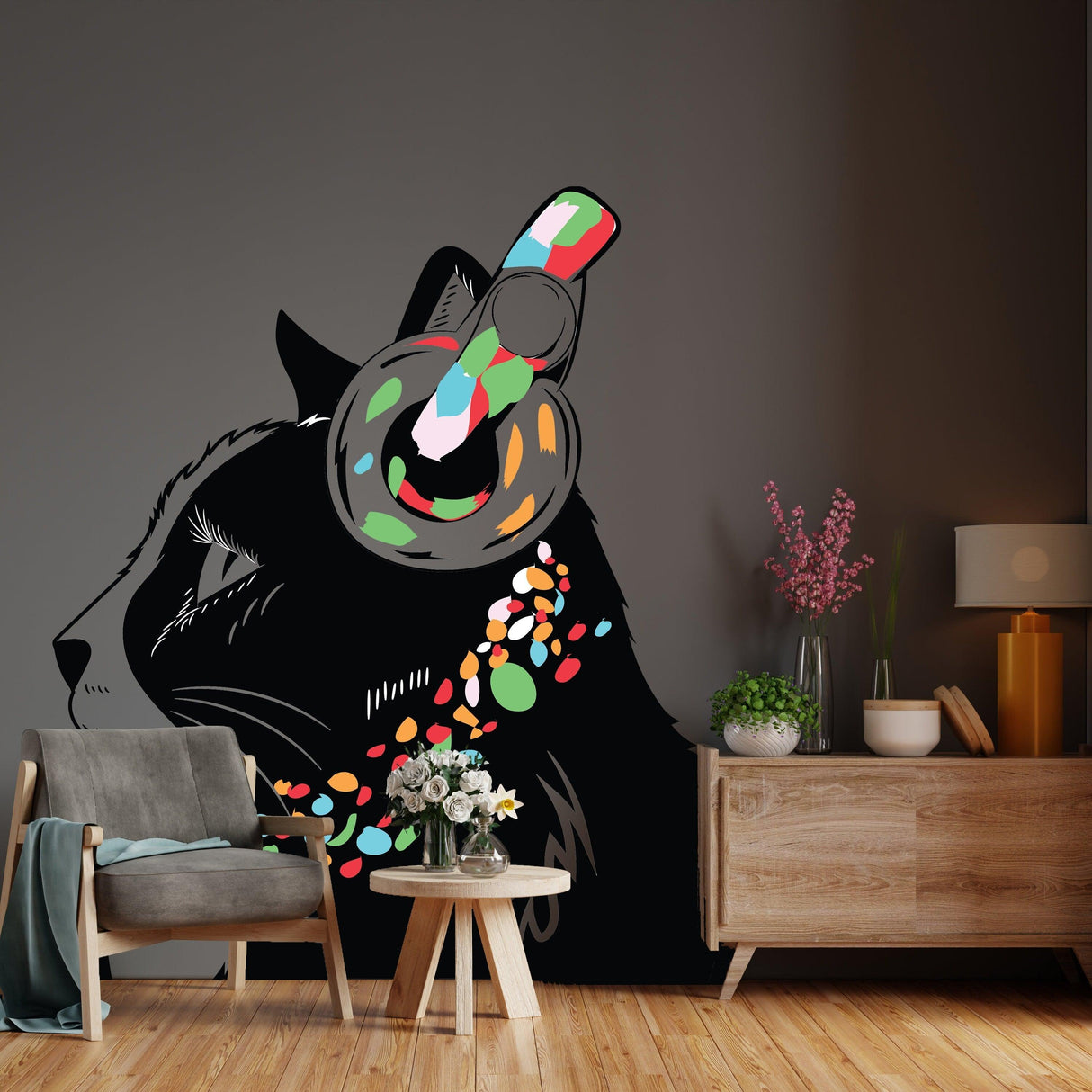Whimsical cat wall decal with colorful design in stylish room setting.