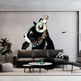 Charming cat wall decal with headphones, colorful design in modern living room decor.