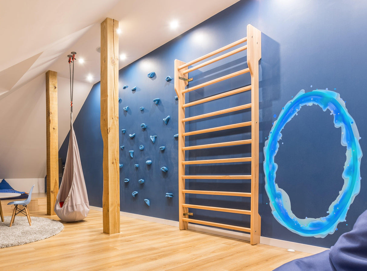 Vibrant blue and orange wall stickers in a game room featuring climbing holds and a hammock chair.