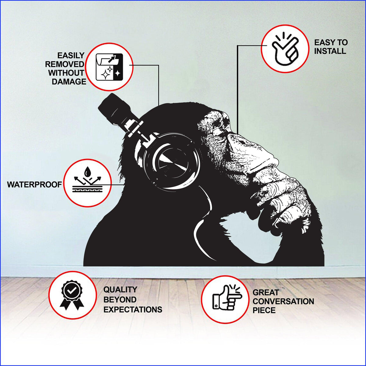 Product features graphic for the contemplative chimp wall decal with headphones.