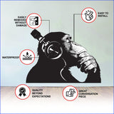 Product features graphic for the contemplative chimp wall decal with headphones.