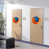 Office doors featuring custom multicolor business logo decals.