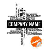 Personalized office wall decal with business name and key values like teamwork, communication, and work ethic.