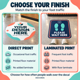 Floor decal finishes: direct print for occasional foot traffic and laminated print for frequent foot traffic
