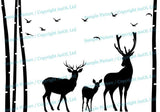 Silhouette of deer and a fawn among trees with birds flying.