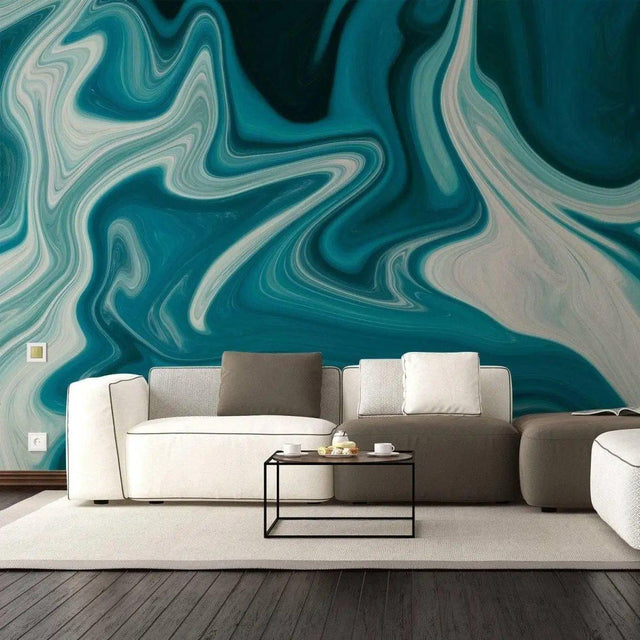 Elegant marble self-adhesive wallpaper in a stylish living room with a modern white sofa and a coffee table.