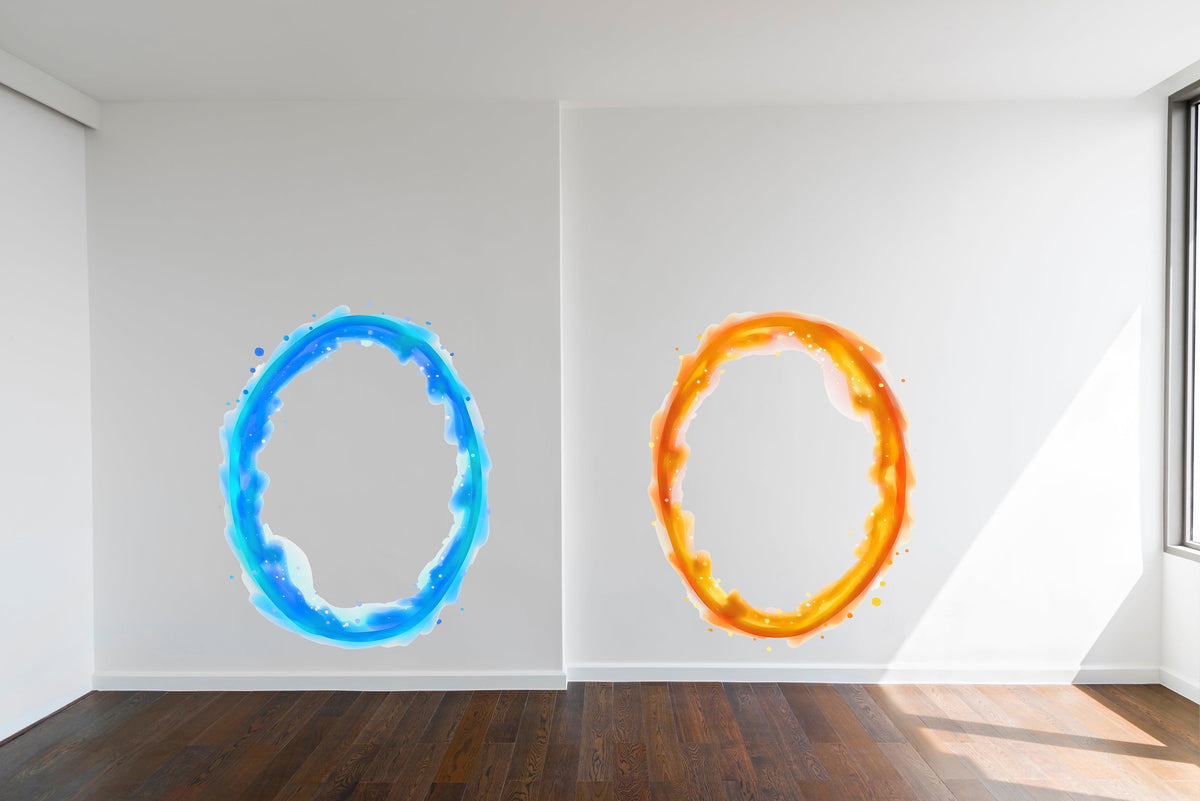 Blue and orange portal aura wall decals with transparent centres