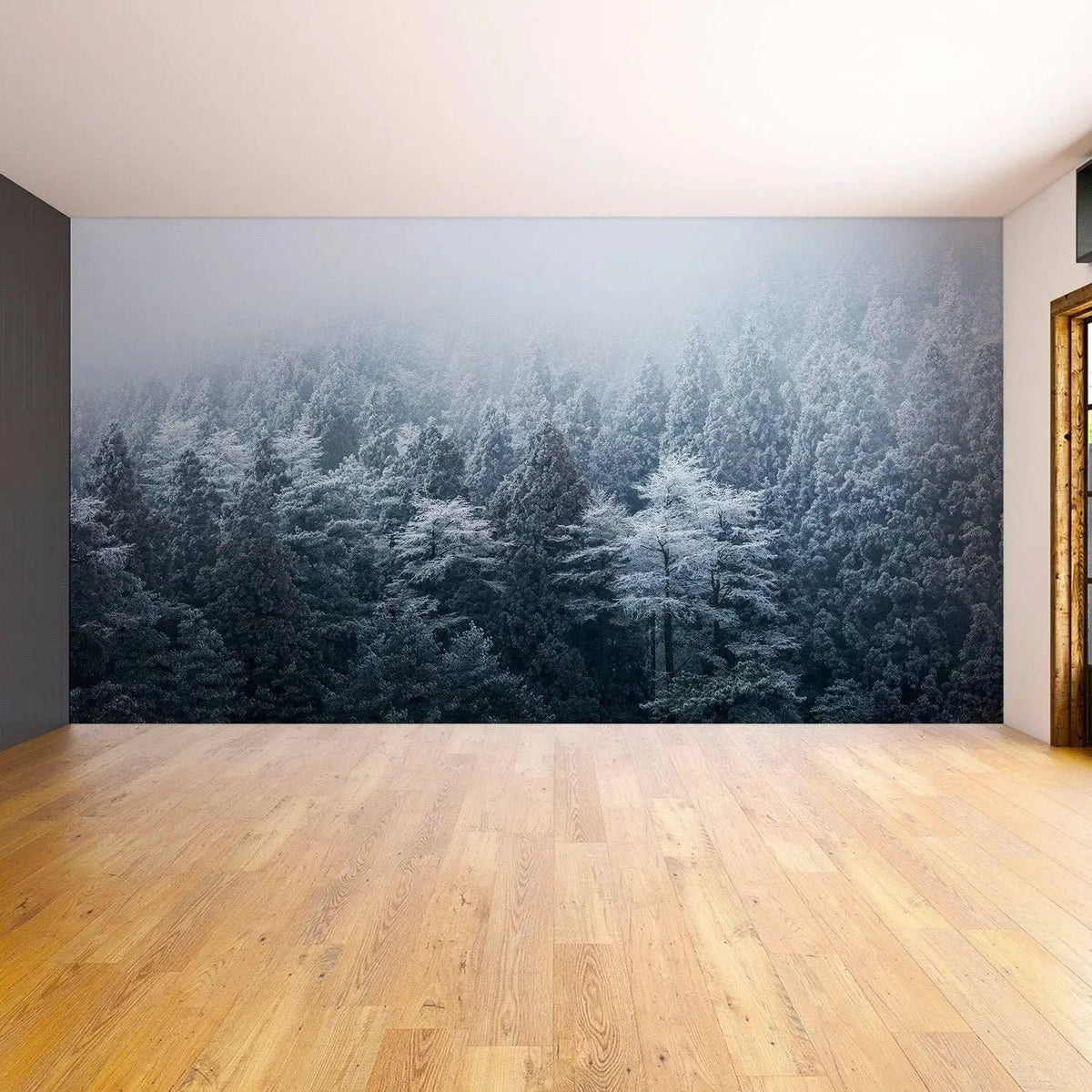 Misty Pine Hill wall mural depicting a serene foggy forest.